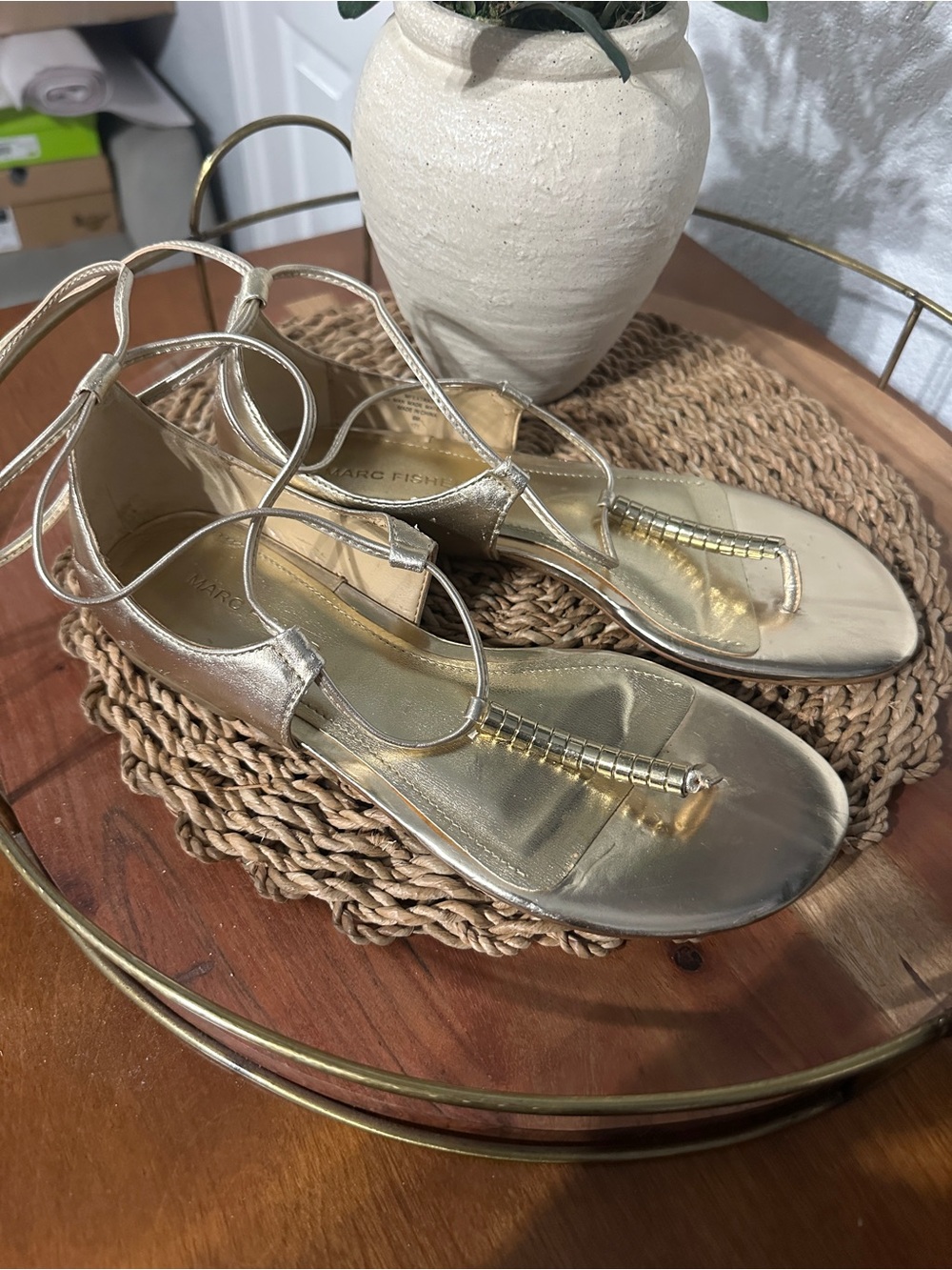Marc Fisher Metallic Gold Beaded T-Strap Sandals